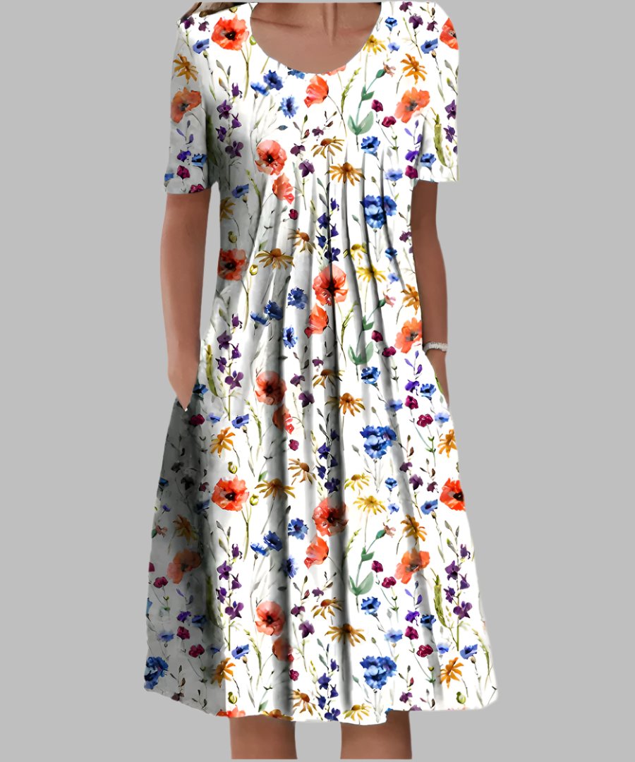Midi Dress Short Sleeve Floral Print A-Line - White and Red