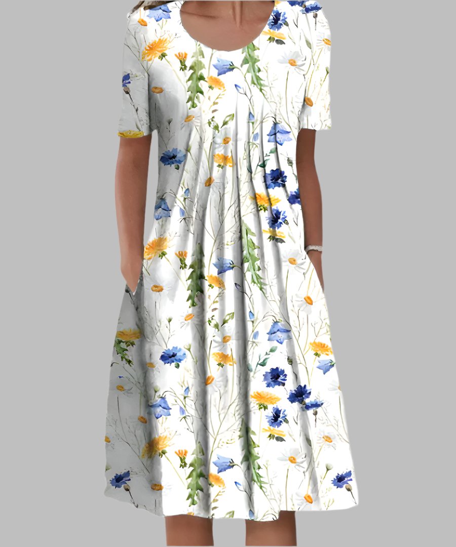 Midi Dress Short Sleeve Floral Print A-Line - White with Yellow