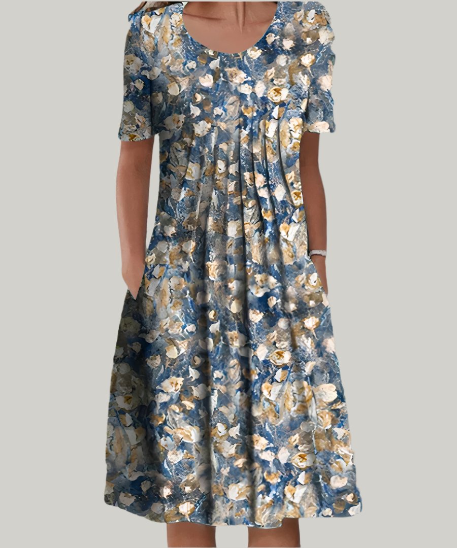 Midi Dress Short Sleeve Floral Print A-Line - Blue and White