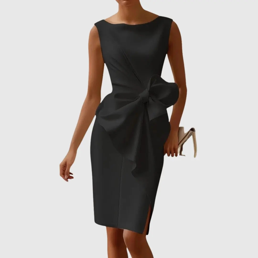 Midi Dress Sleeveless Bow Detail Boat Neckline Formal - Black