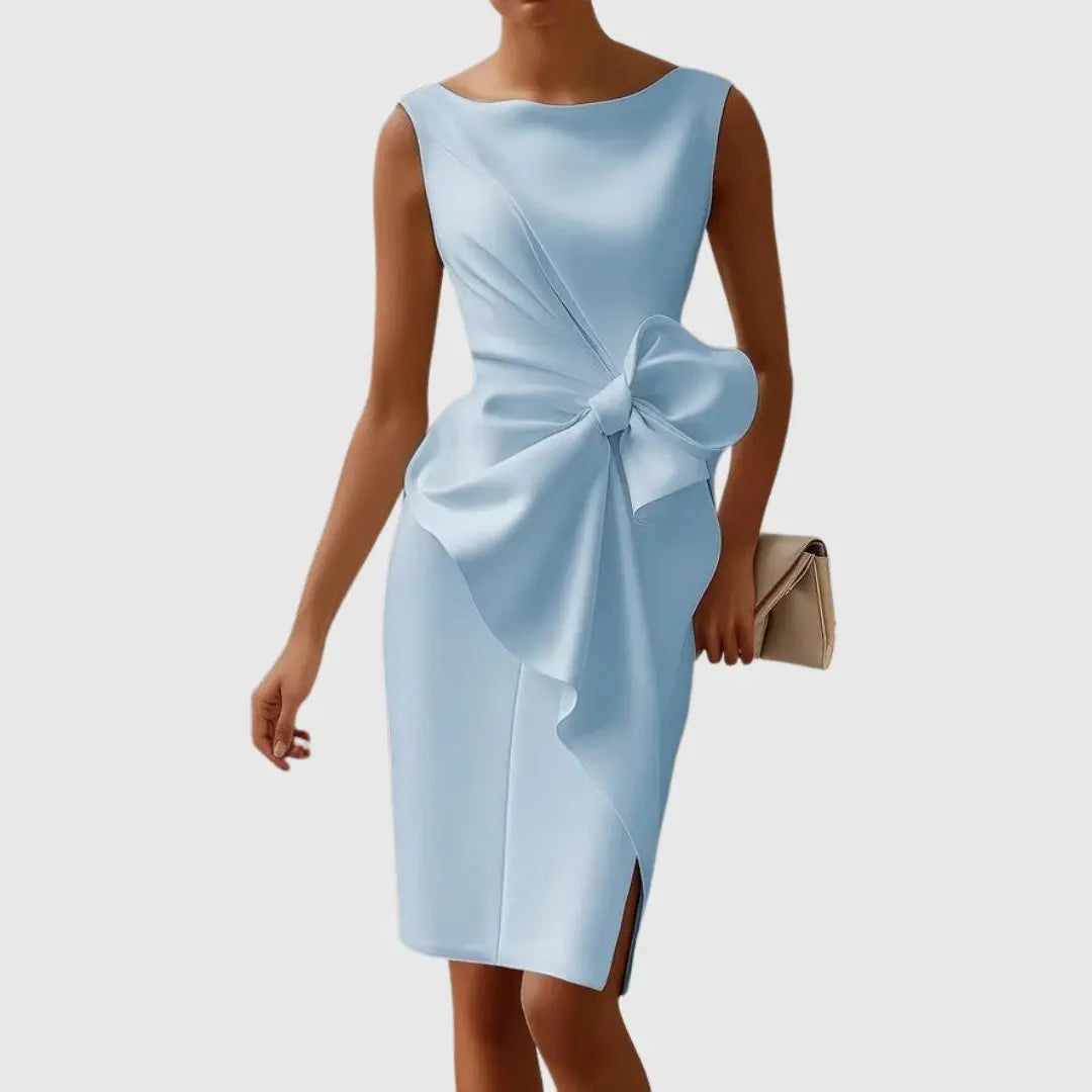 Midi Dress Sleeveless Bow Detail Boat Neckline Formal - Blue