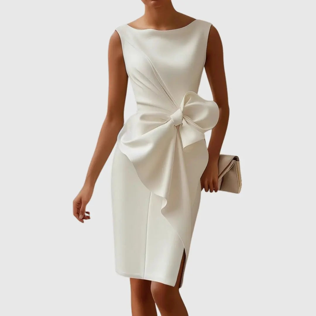 Midi Dress Sleeveless Bow Detail Boat Neckline Formal - White