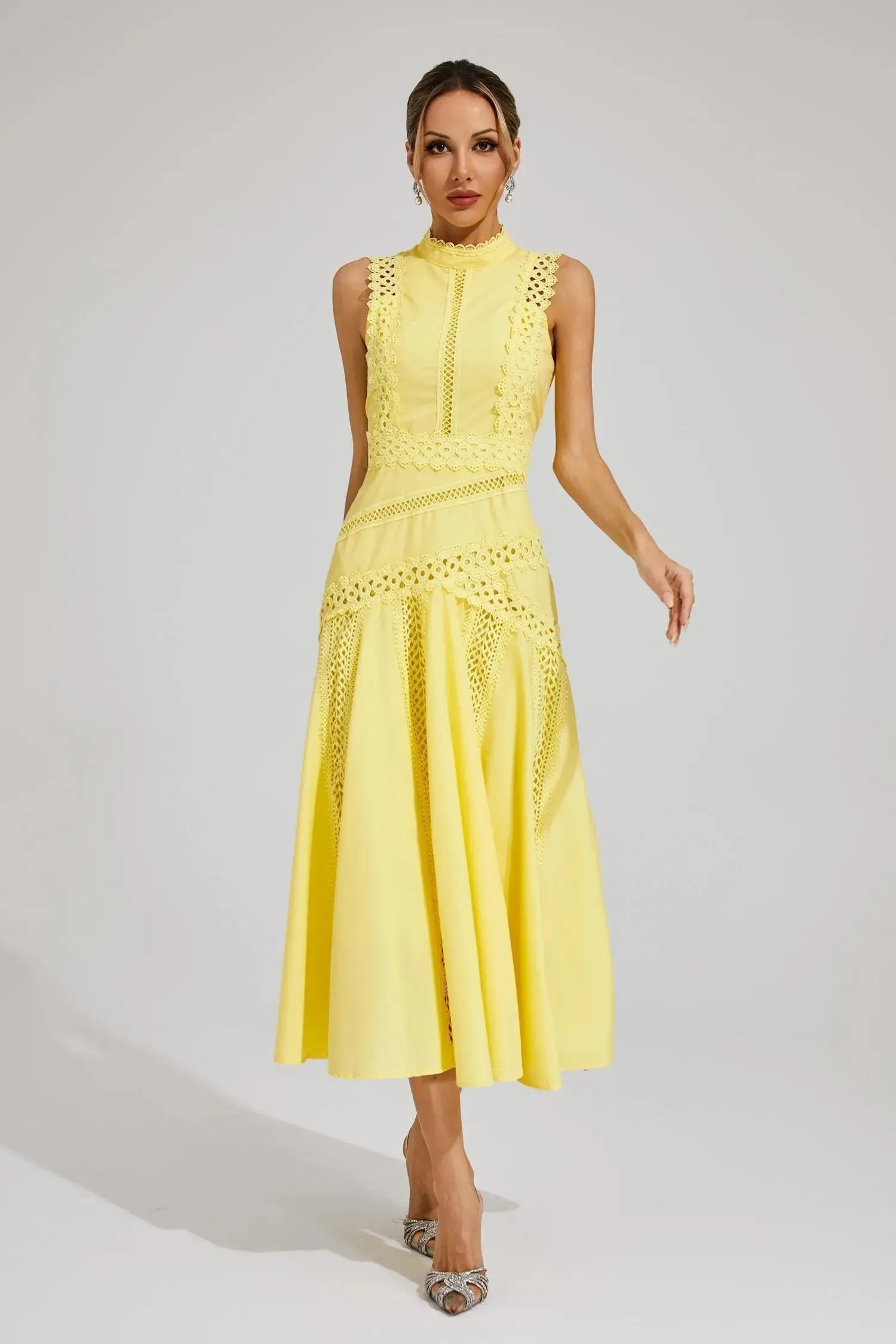 Midi Dress Sleeveless High Neck Lace Panel Flared - Yellow