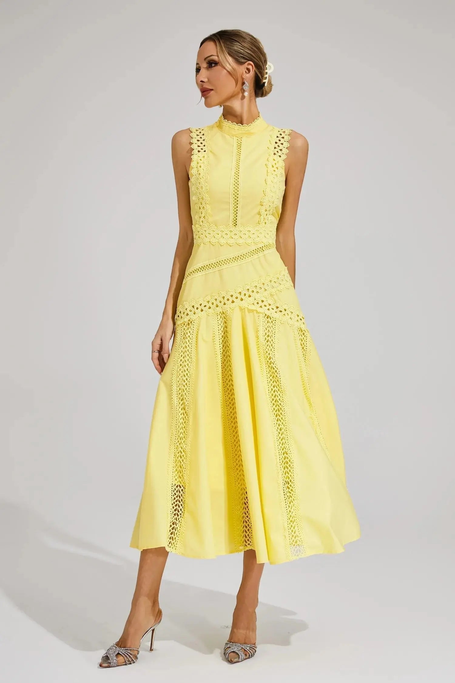 Midi Dress Sleeveless High Neck Lace Panel Flared