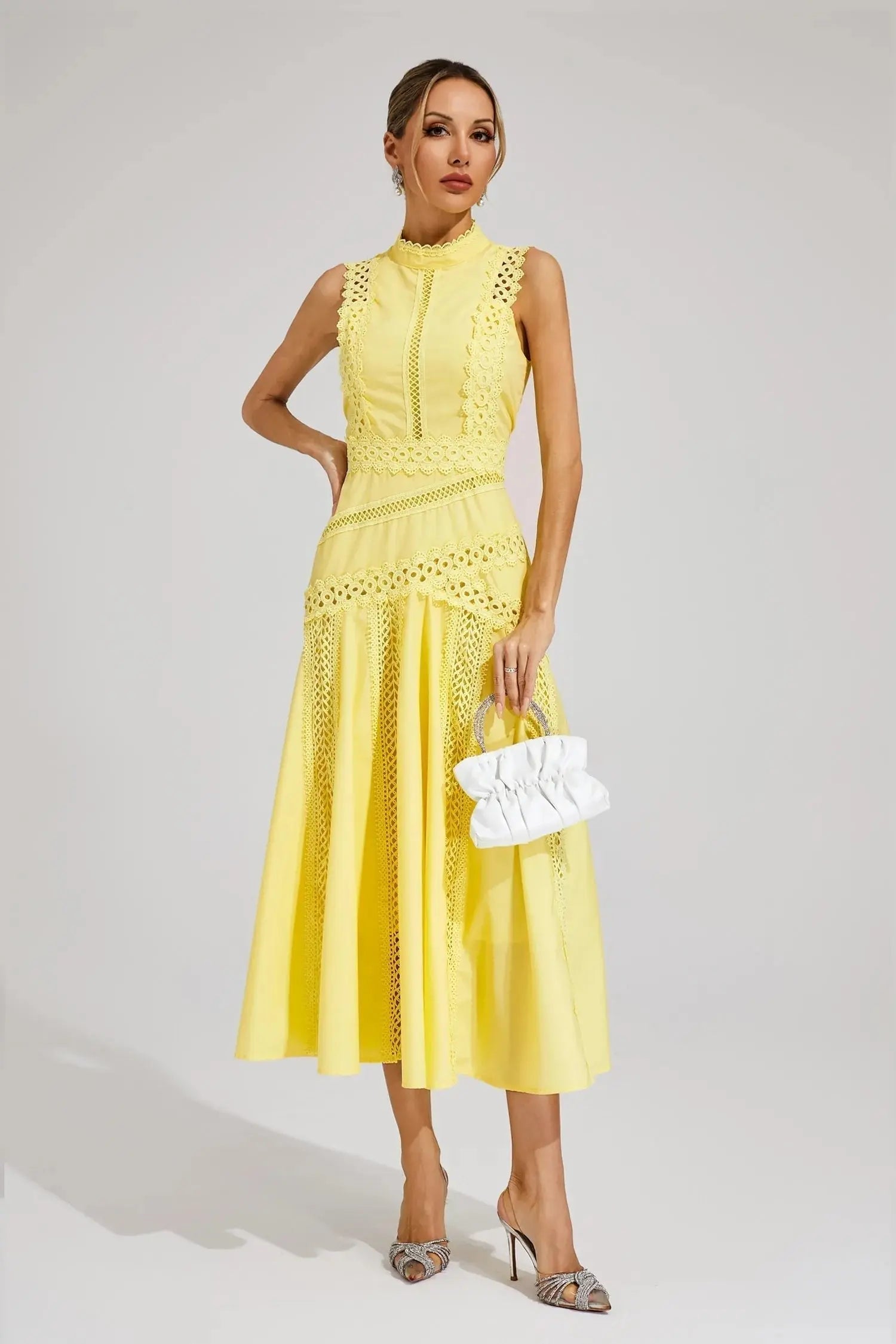 Midi Dress Sleeveless High Neck Lace Panel Flared