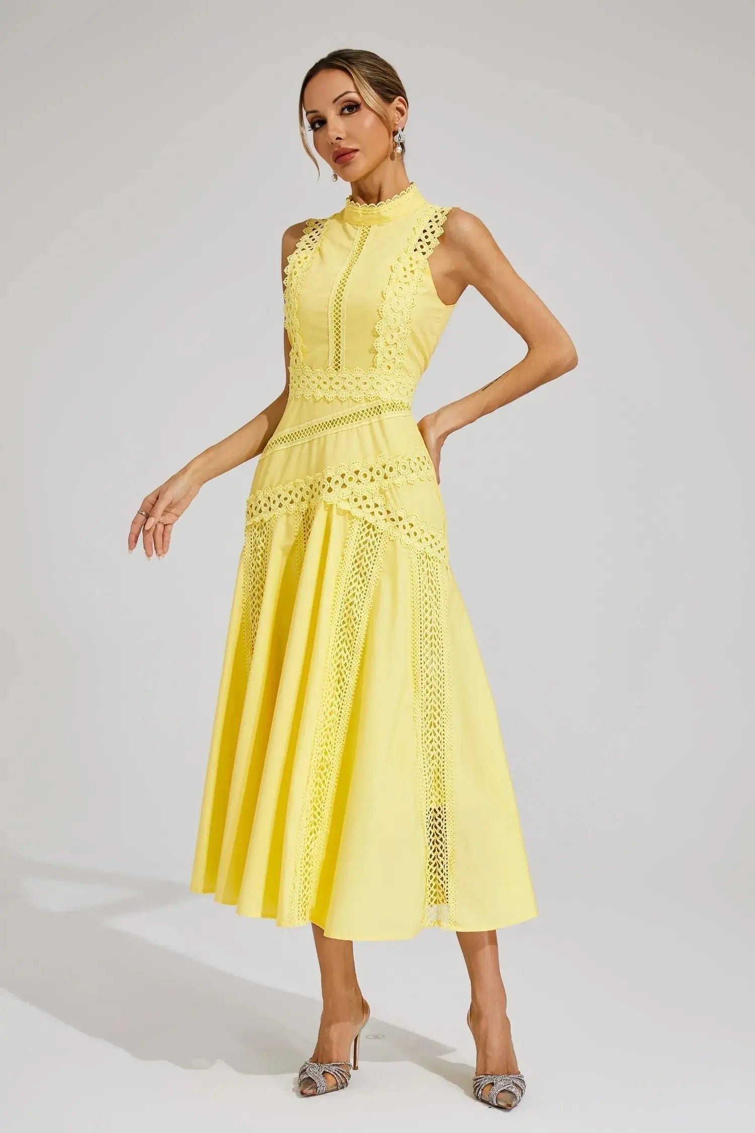 Midi Dress Sleeveless Lace Panel High Neck Flared