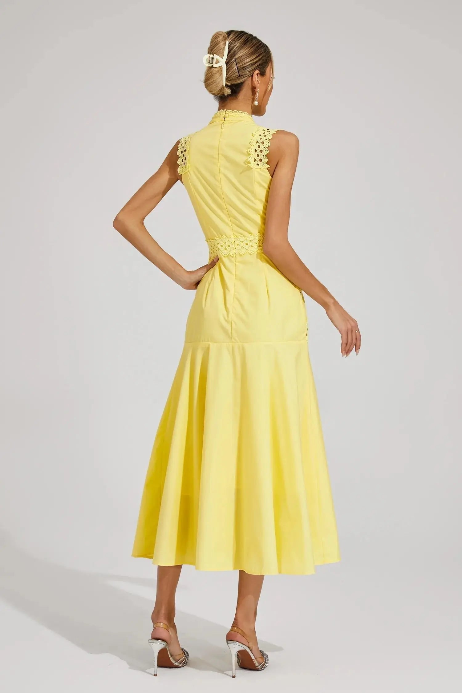 Midi Dress Sleeveless Lace Panel High Neck Flared