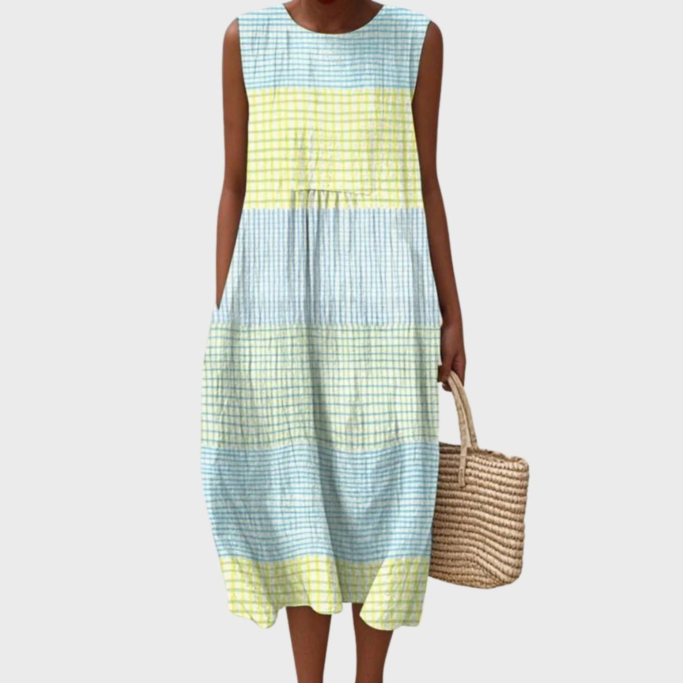 Midi Dress Sleeveless Linen Tiered - Light Blue