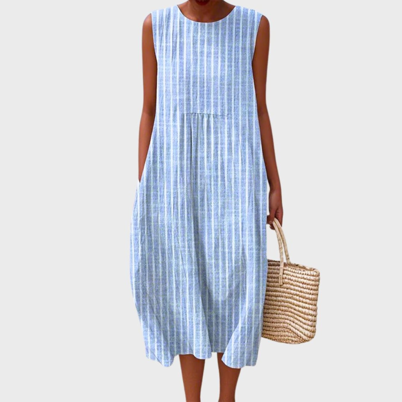 Midi Dress Sleeveless Linen Tiered - Blue