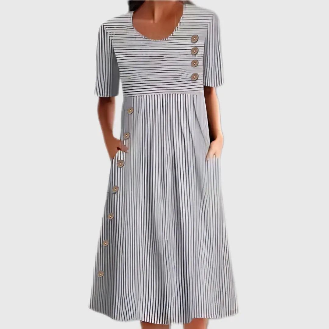 Midi Dress Striped Button Front Short Sleeve Pockets - Gray