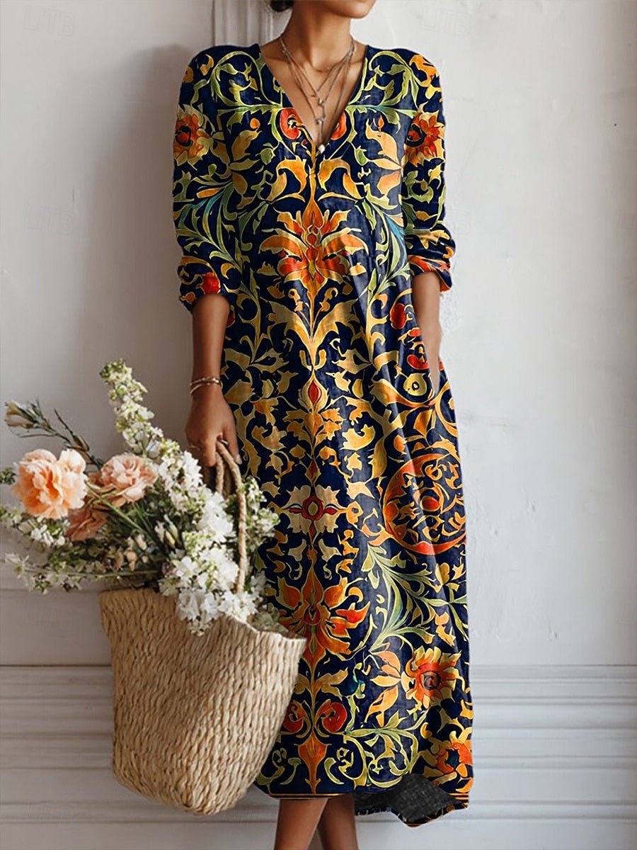 Midi Dress V-Neck Baroque Print Bohemian Cotton