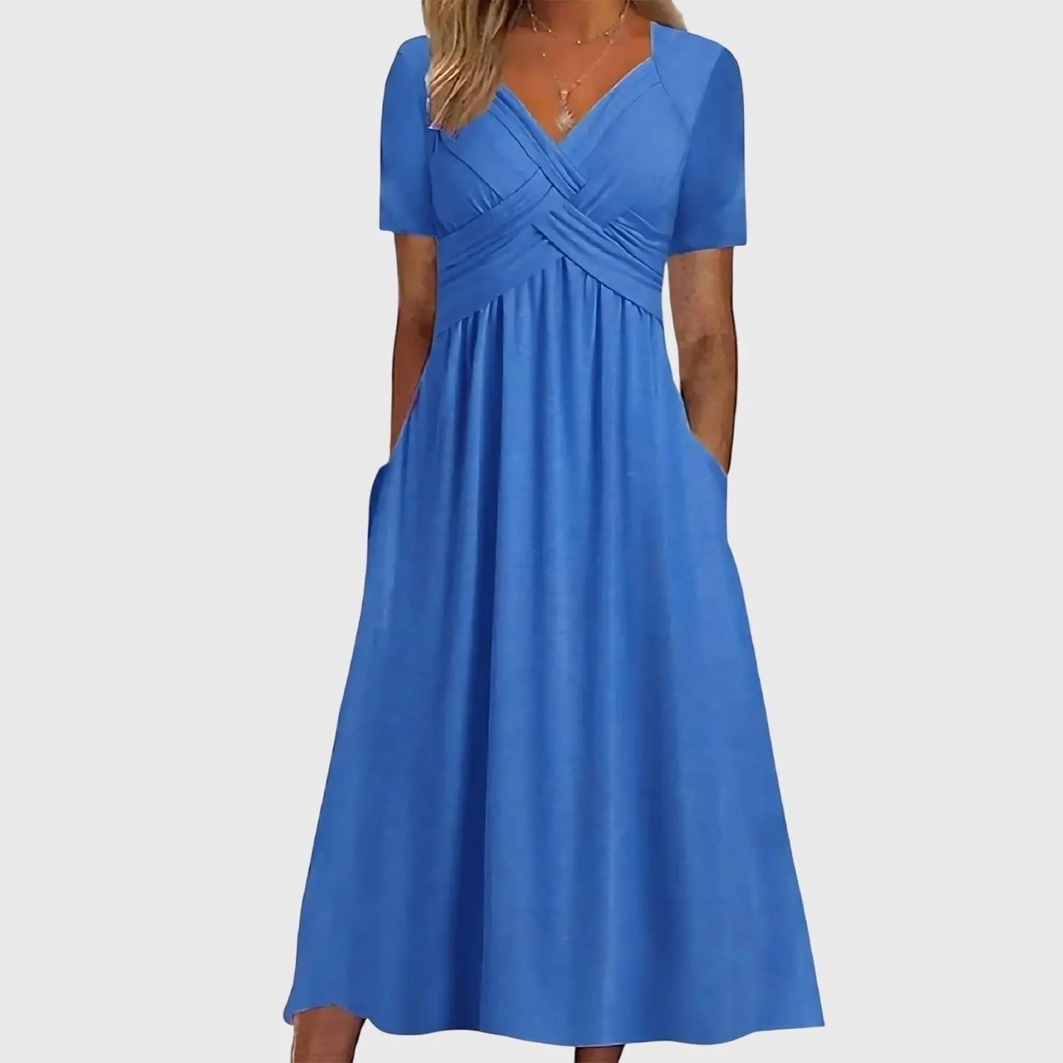 Midi Dress V-Neck Cross Front Tummy Control A-Line - Blue