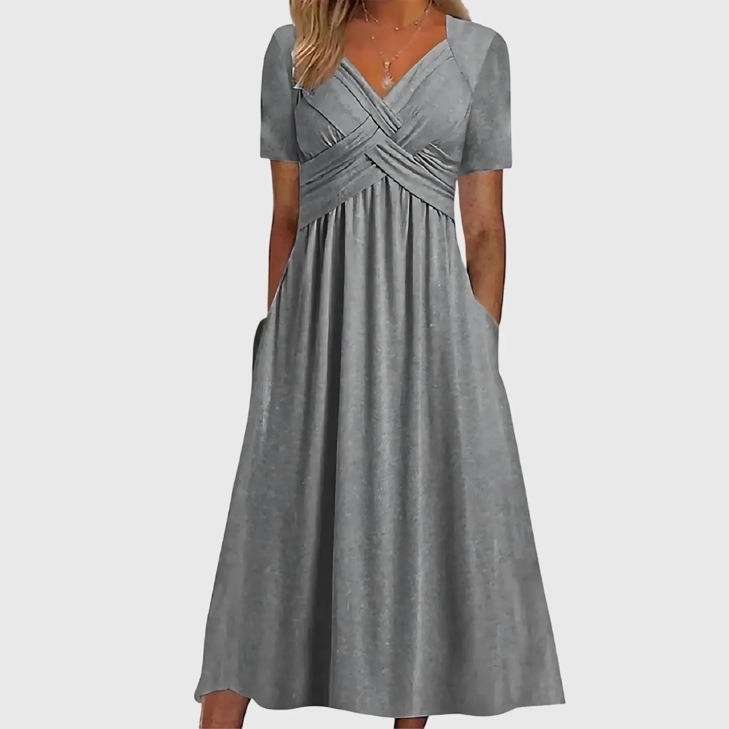 Midi Dress V-Neck Cross Front Tummy Control A-Line - Gray