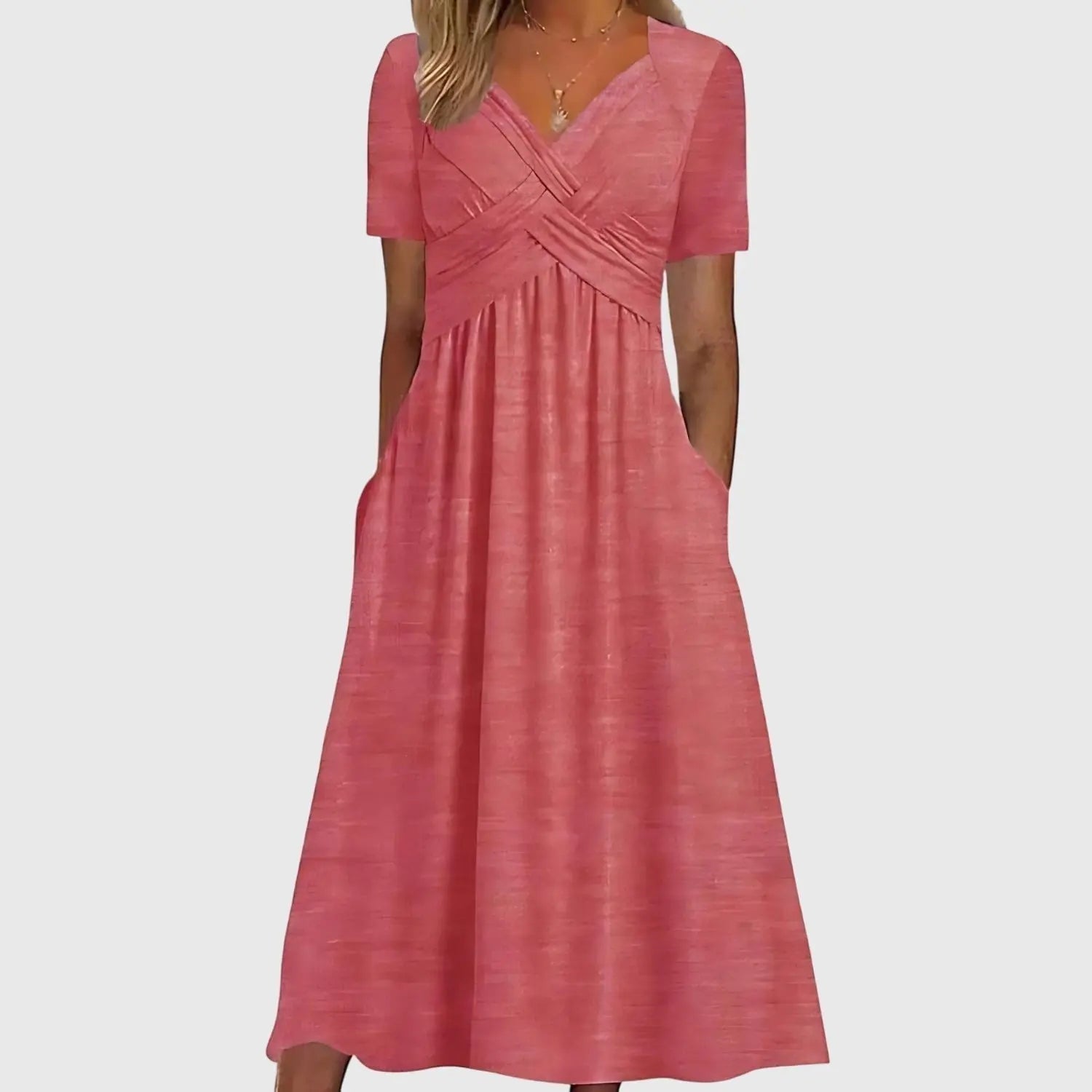 Midi Dress V-Neck Cross Front Tummy Control A-Line - Pink