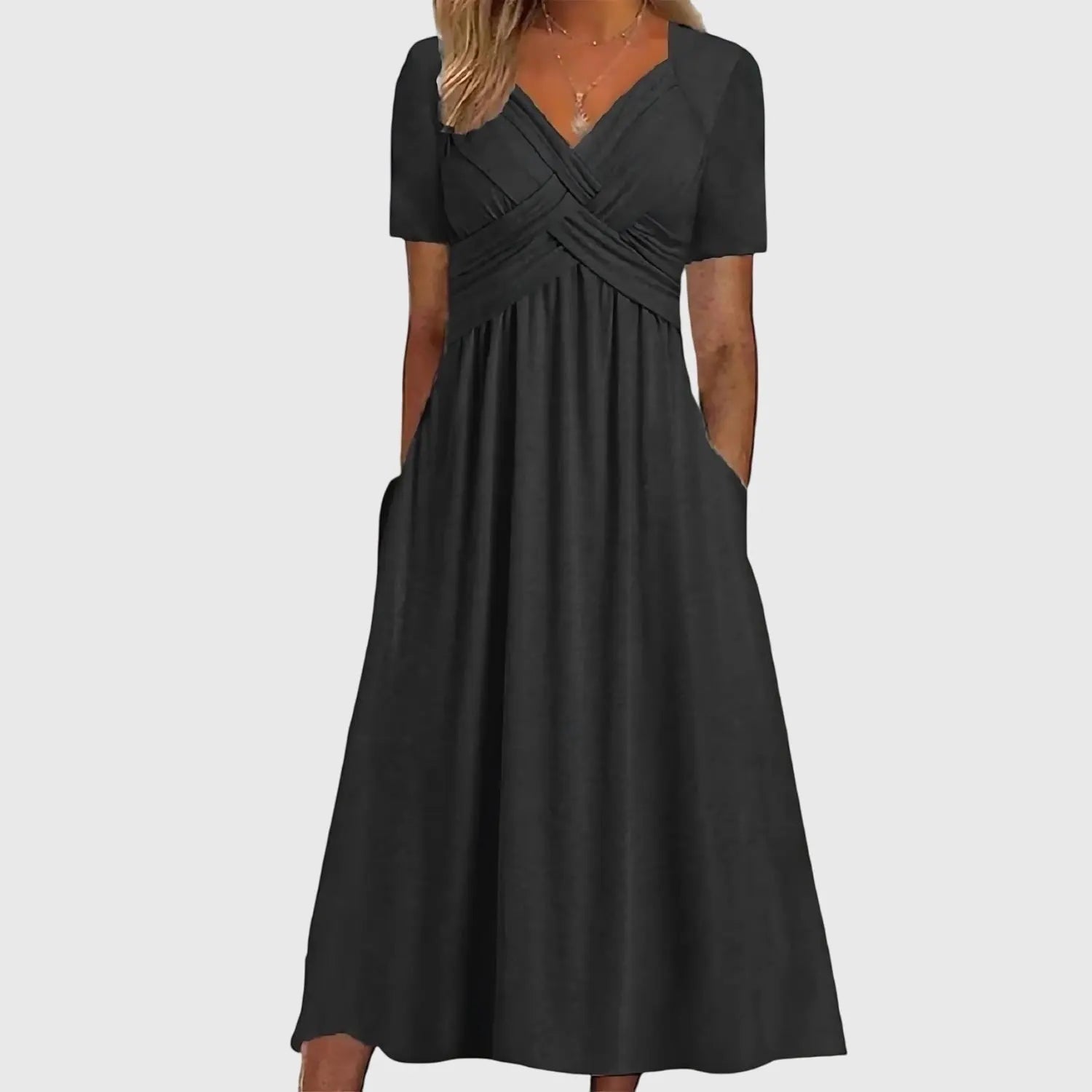 Midi Dress V-Neck Cross Front Tummy Control A-Line - Black