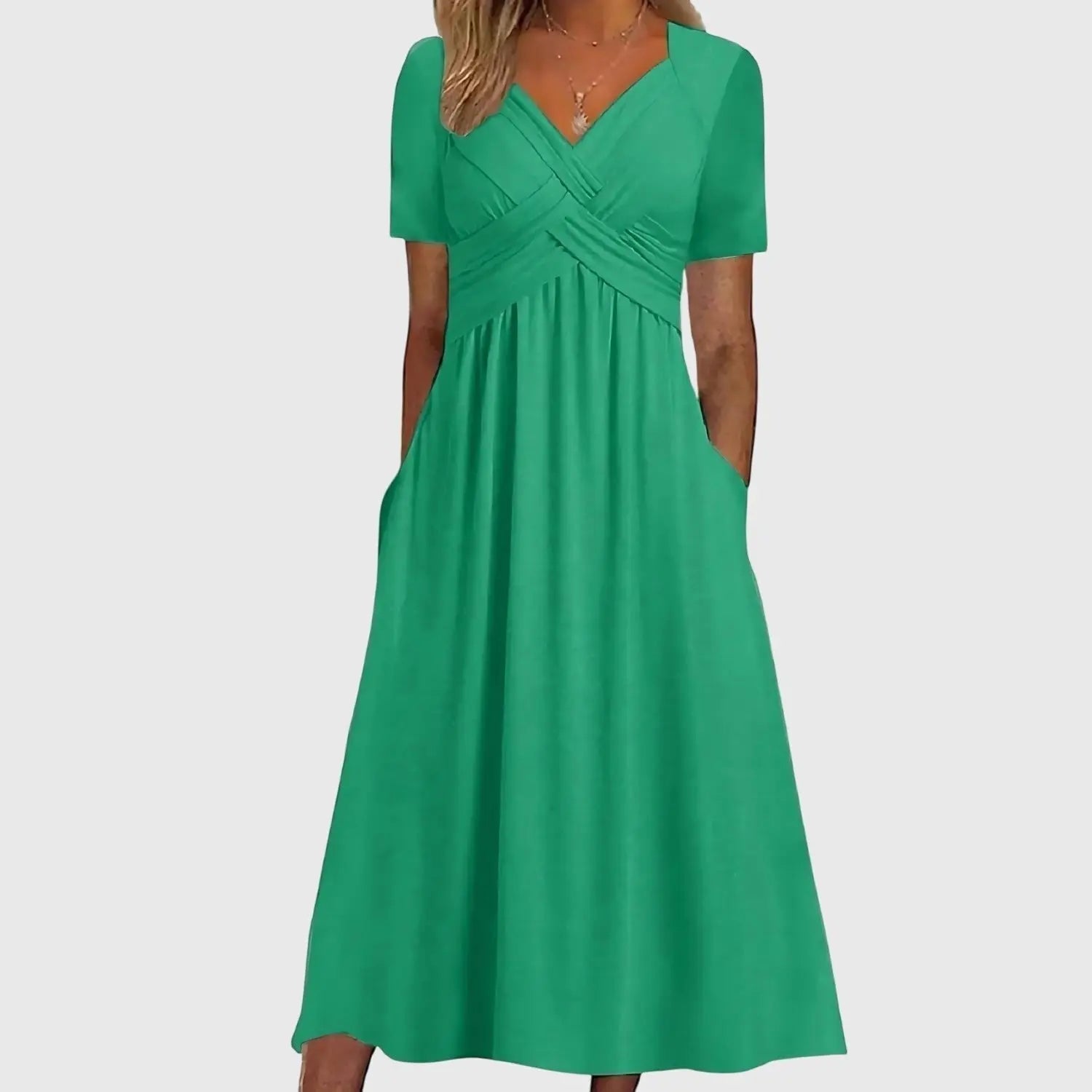 Midi Dress V-Neck Cross Front Tummy Control A-Line - Green