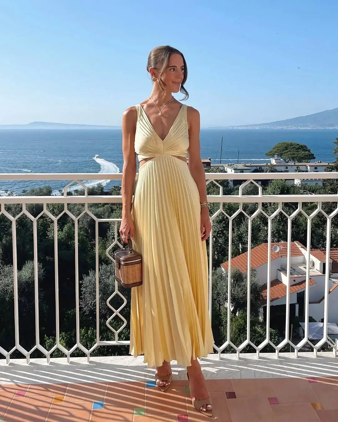 Midi Dress V-Neck Cut-Out Pleated Wedding Guest - Yellow
