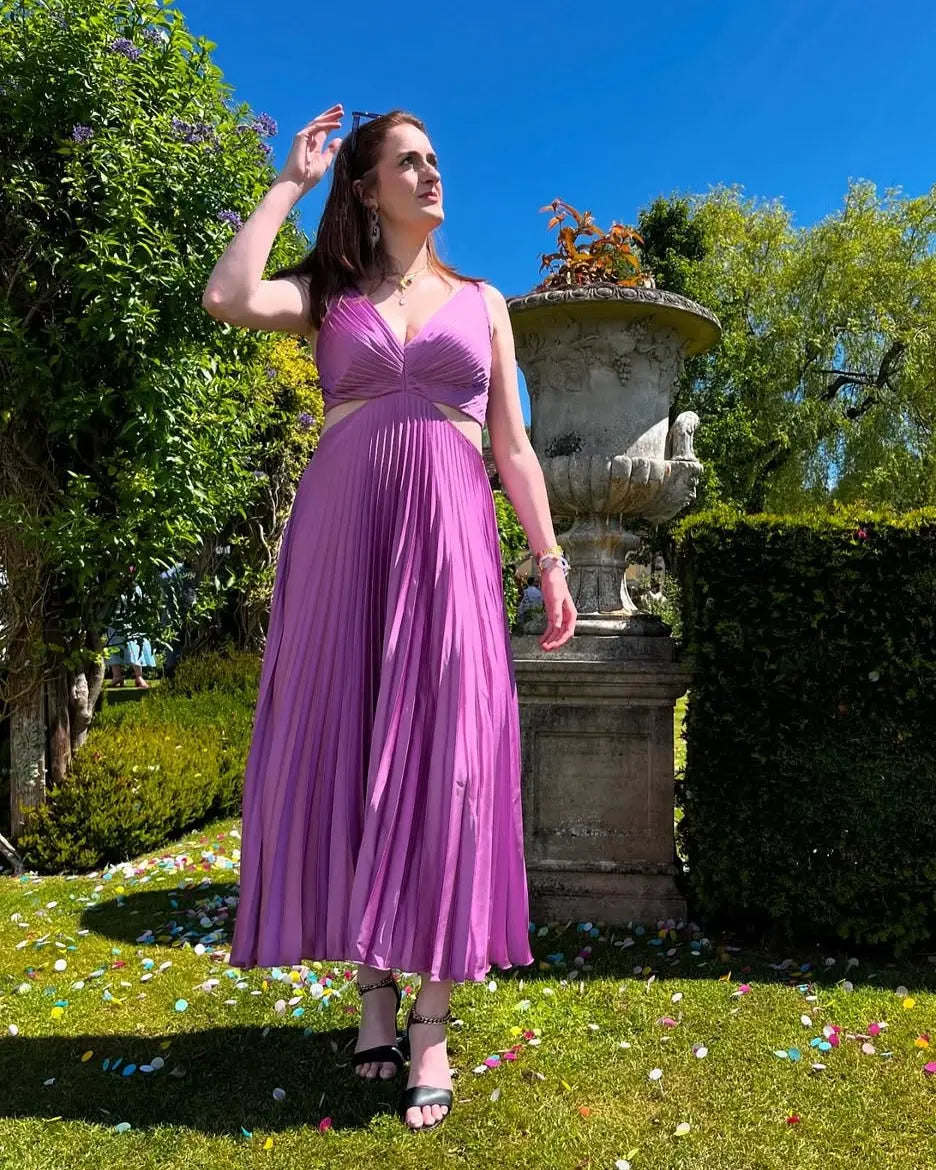 Midi Dress V-Neck Cut-Out Pleated Wedding Guest - Purple