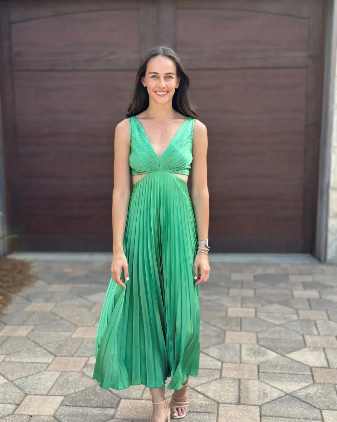 Midi Dress V-Neck Cut-Out Pleated Wedding Guest