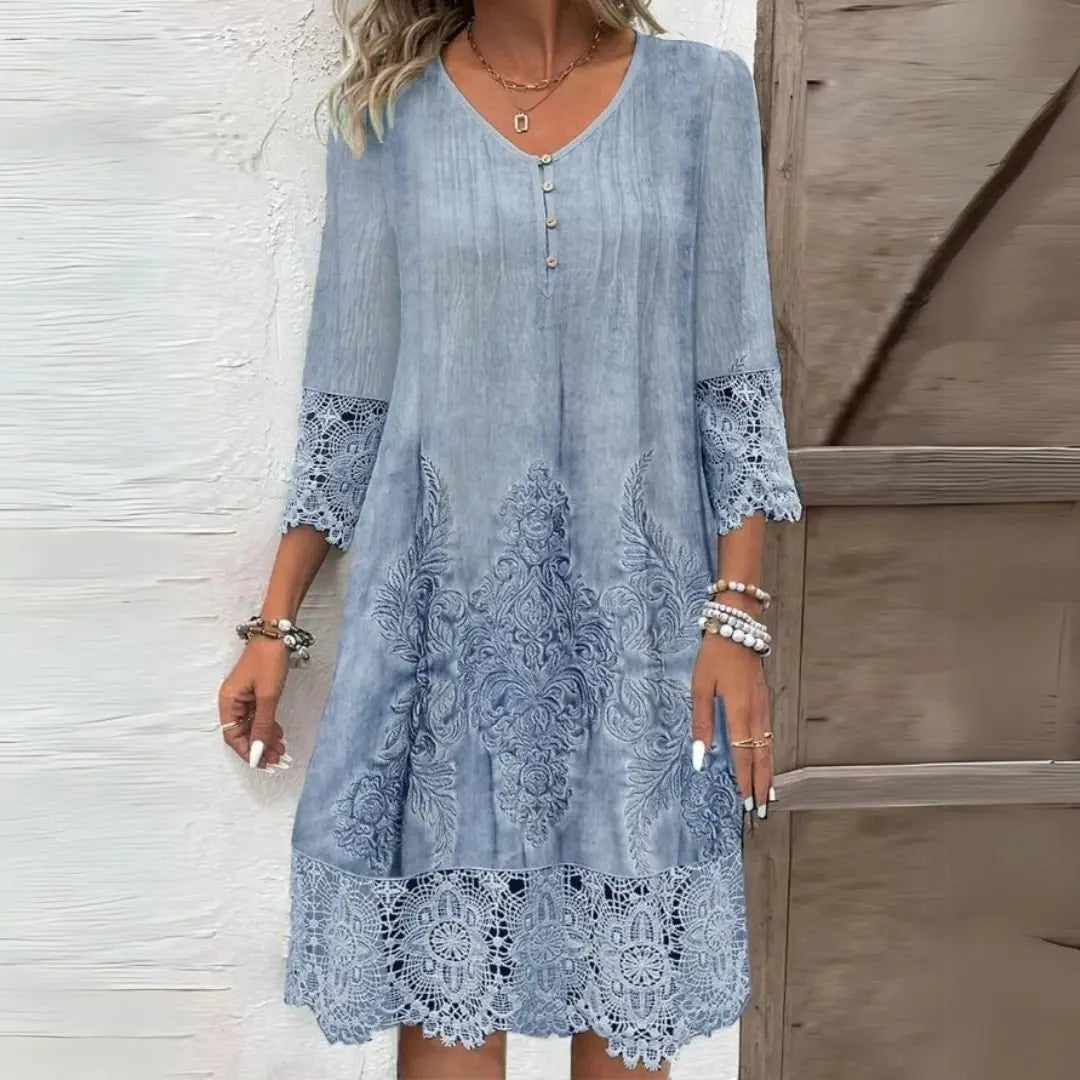 Midi Dress V-Neck Embroidered Lace Trim 3/4 Sleeve - Blue (Almost sold out)