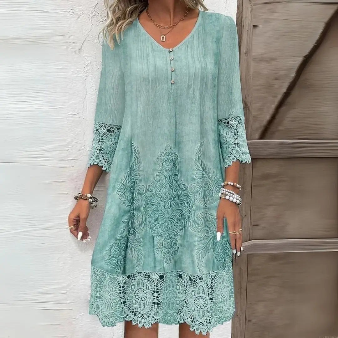 Midi Dress V-Neck Embroidered Lace Trim 3/4 Sleeve - Green