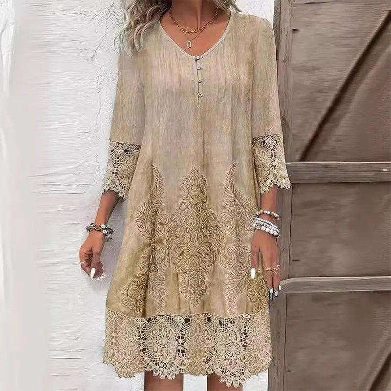 Midi Dress V-Neck Embroidered Lace Trim 3/4 Sleeve - Khaki