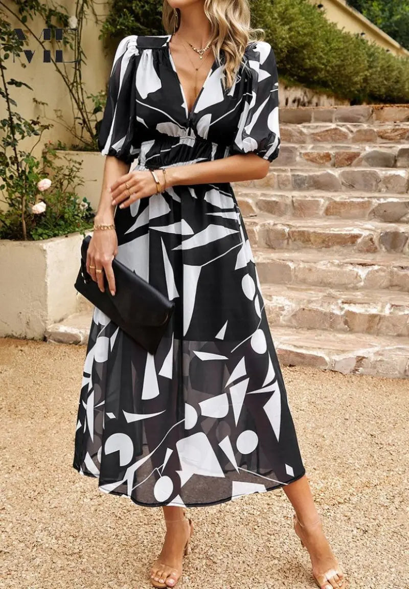 Midi Dress V-Neck Floral Print Short Sleeve Summer