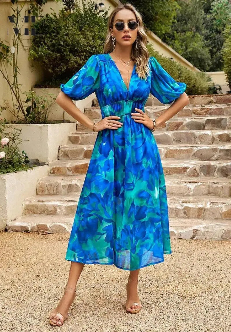 Midi Dress V-Neck Floral Print Short Sleeve Summer - Blue