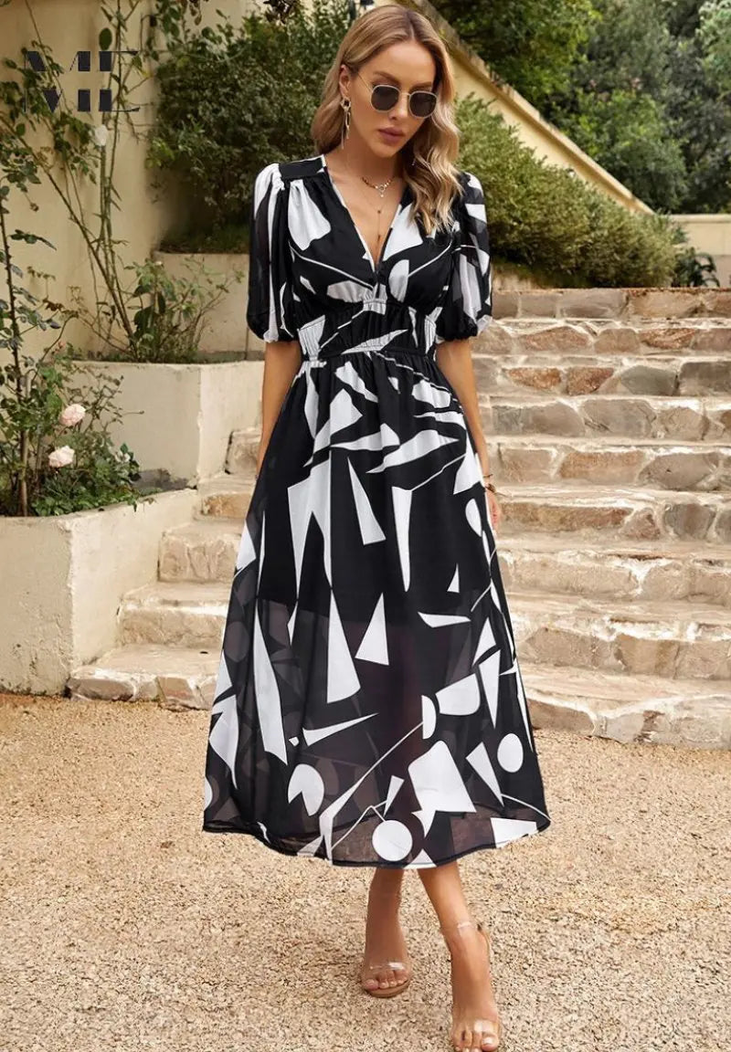Midi Dress V-Neck Floral Print Short Sleeve Summer - Black