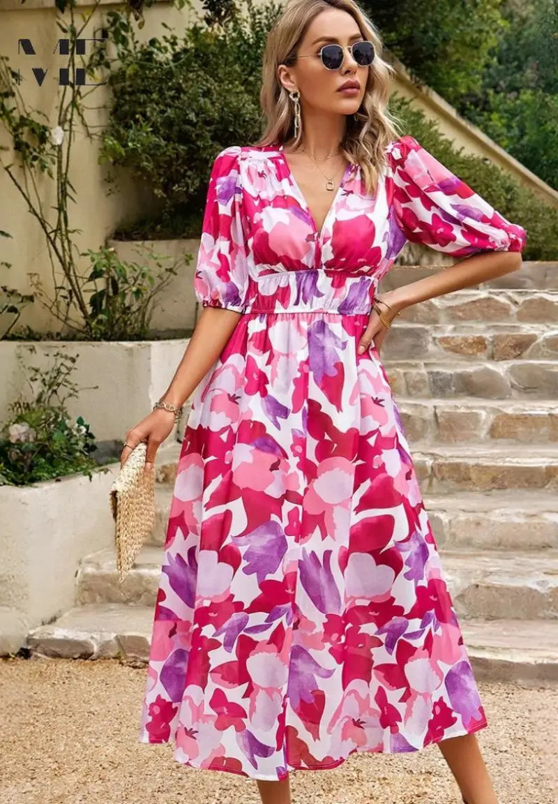 Midi Dress V-Neck Floral Print Short Sleeve Summer - Pink