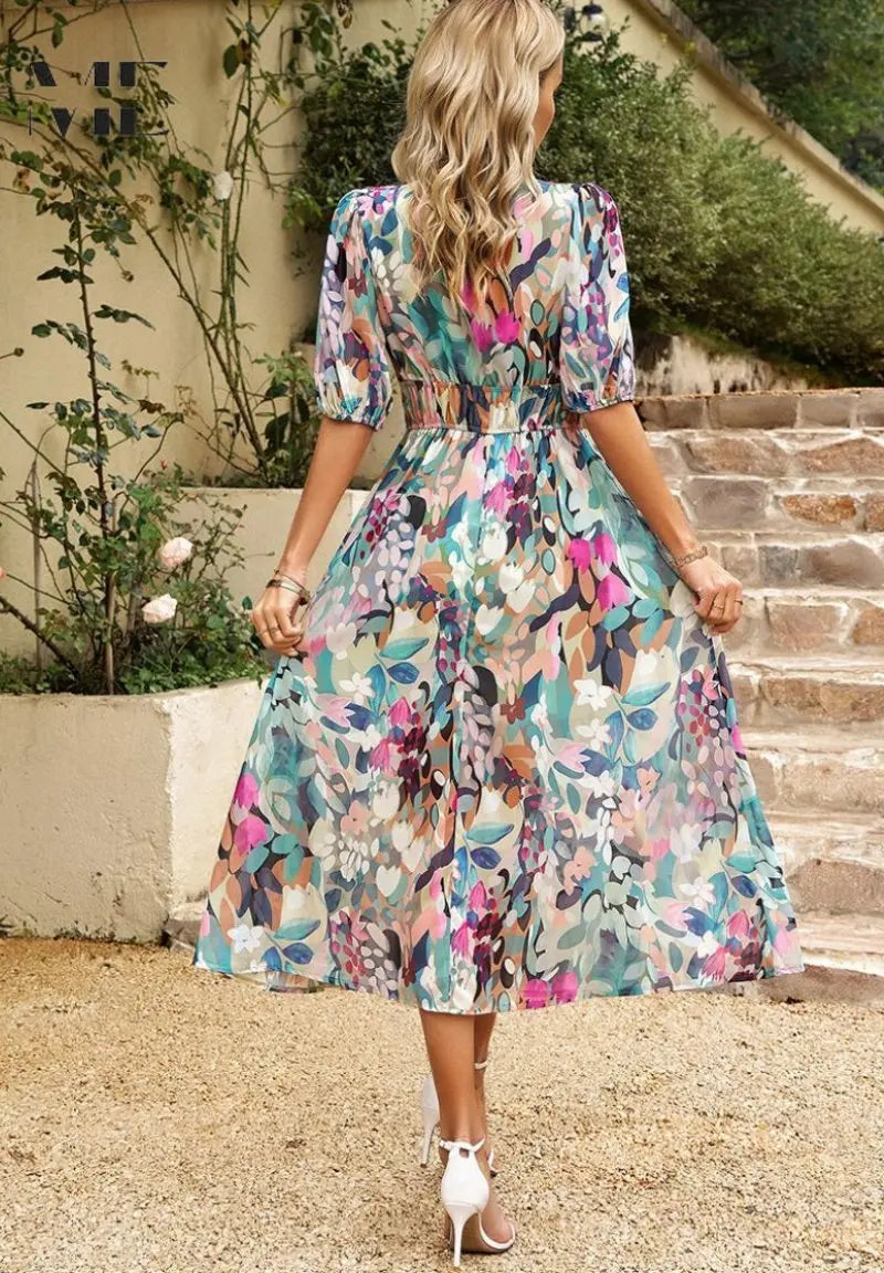 Midi Dress V-Neck Floral Print Short Sleeve Summer