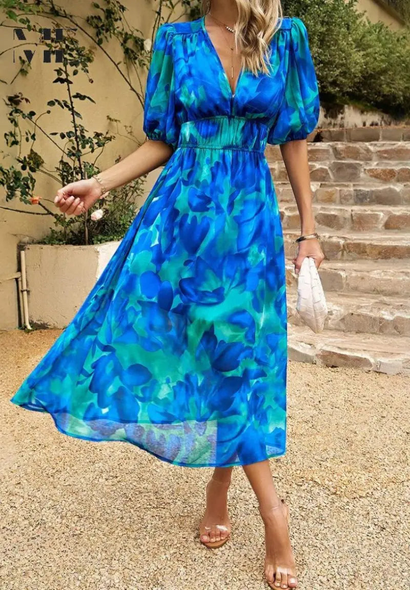 Midi Dress V-Neck Floral Print Short Sleeve Summer