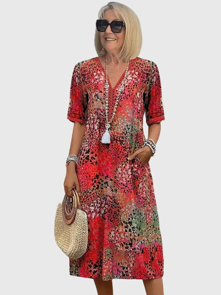 Midi Dress V-Neck Mixed Print Half Sleeve Pockets - Scarlet Red