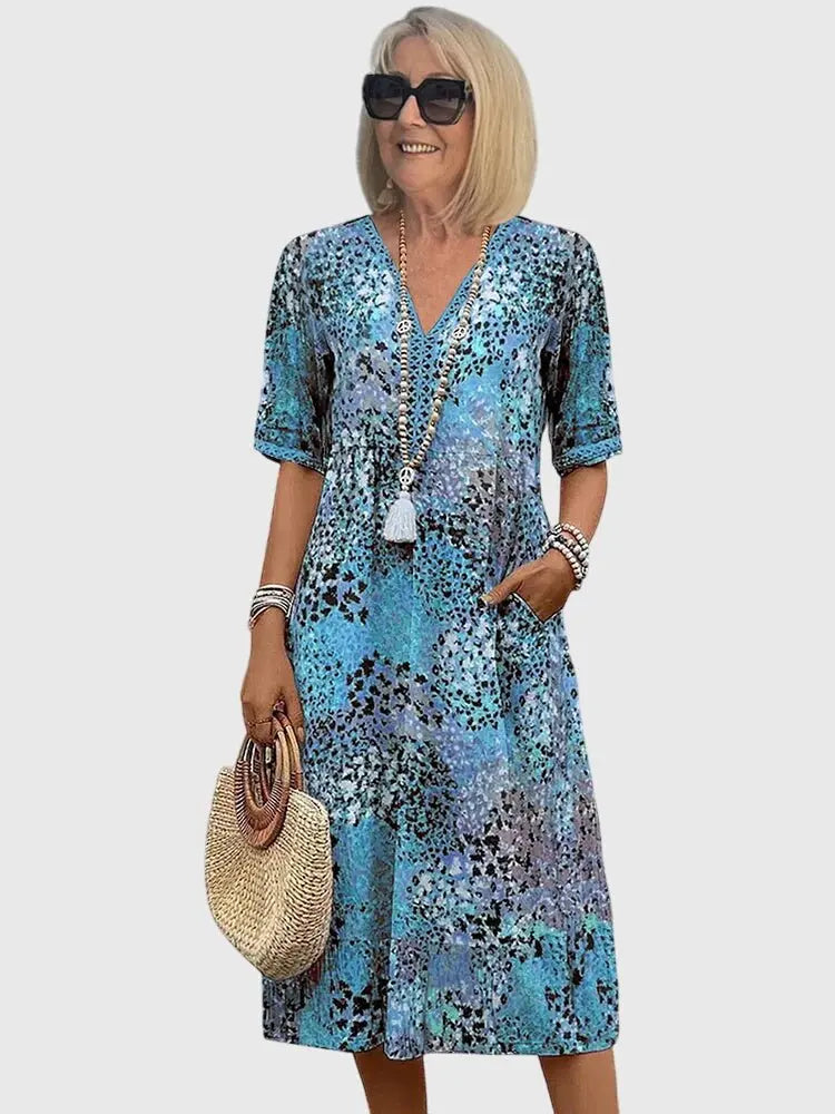 Midi Dress V-Neck Mixed Print Half Sleeve Pockets - Ocean Blue (Almost sold out)