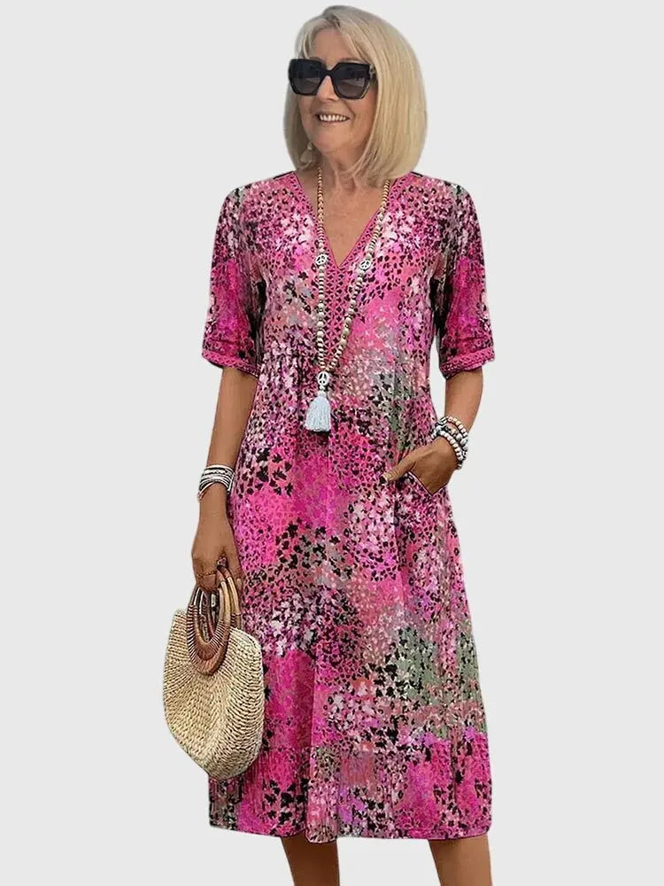 Midi Dress V-Neck Mixed Print Half Sleeve Pockets - Blush Pink (Almost sold out)