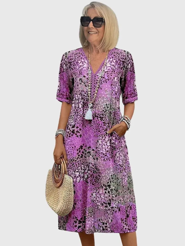 Midi Dress V-Neck Mixed Print Half Sleeve Pockets - Lavender Purple