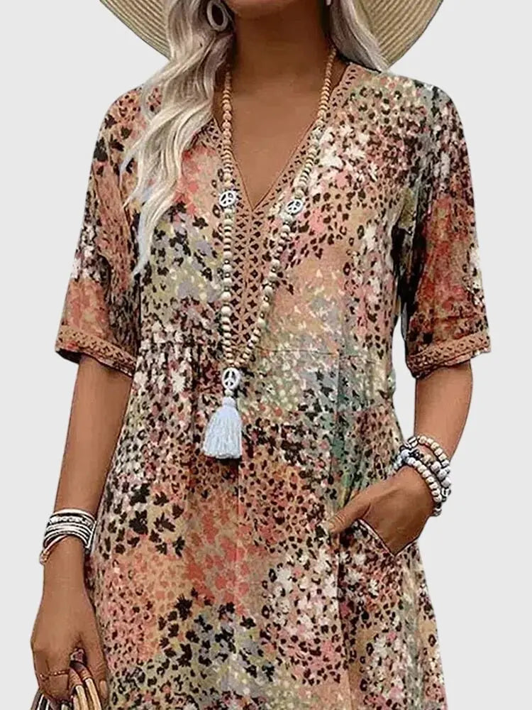 Midi Dress V-Neck Mixed Print Half Sleeve Pockets