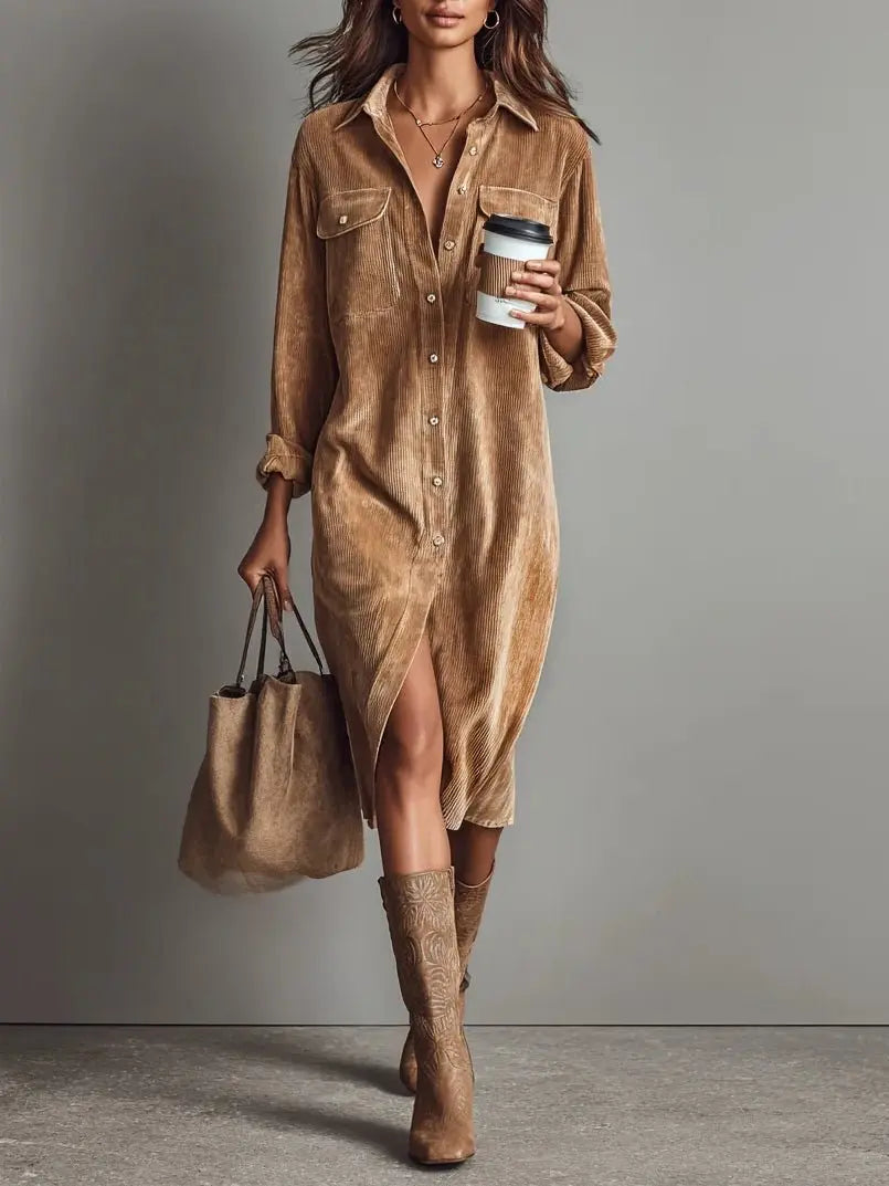 Midi Shirt Dress Corduroy Button Front Long Sleeve - Brown