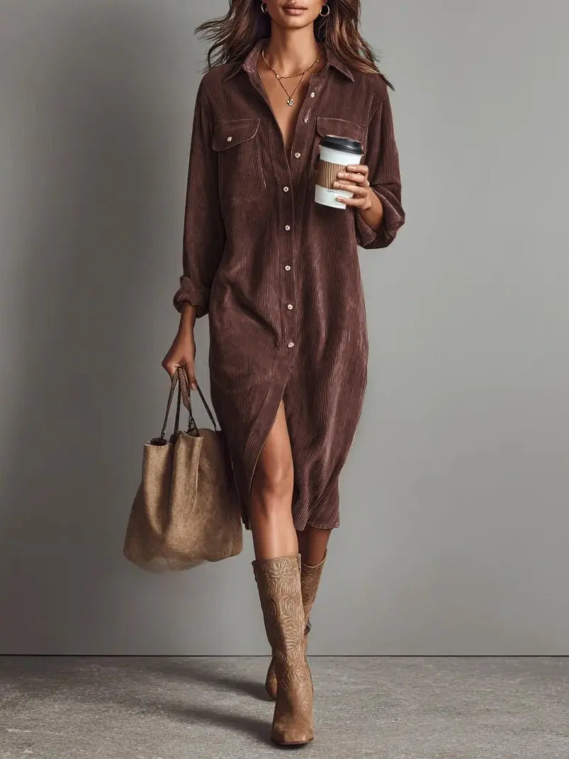 Midi Shirt Dress Corduroy Button Front Long Sleeve - Brown Red