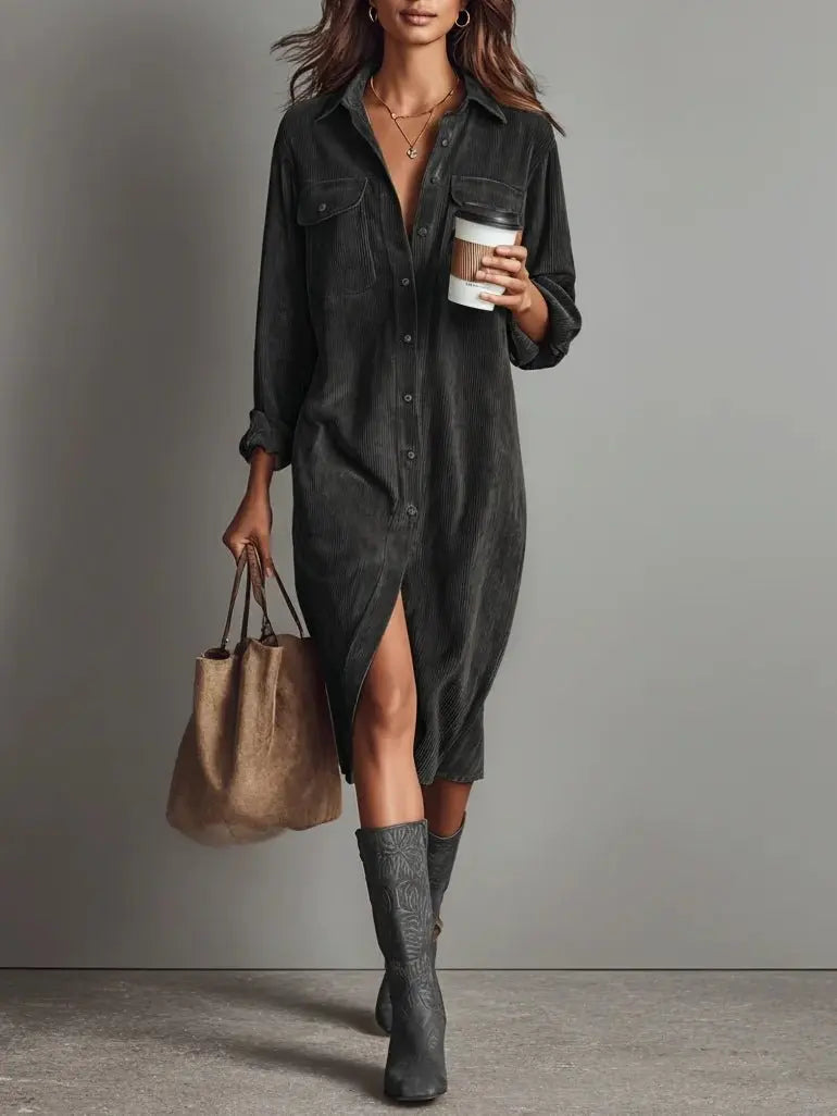Midi Shirt Dress Corduroy Button Front Long Sleeve - Gray