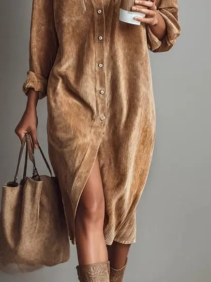 Midi Shirt Dress Corduroy Button Front Long Sleeve