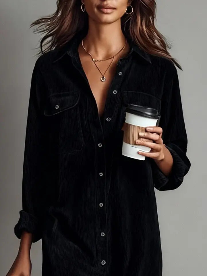Midi Shirt Dress Corduroy Button Front Long Sleeve