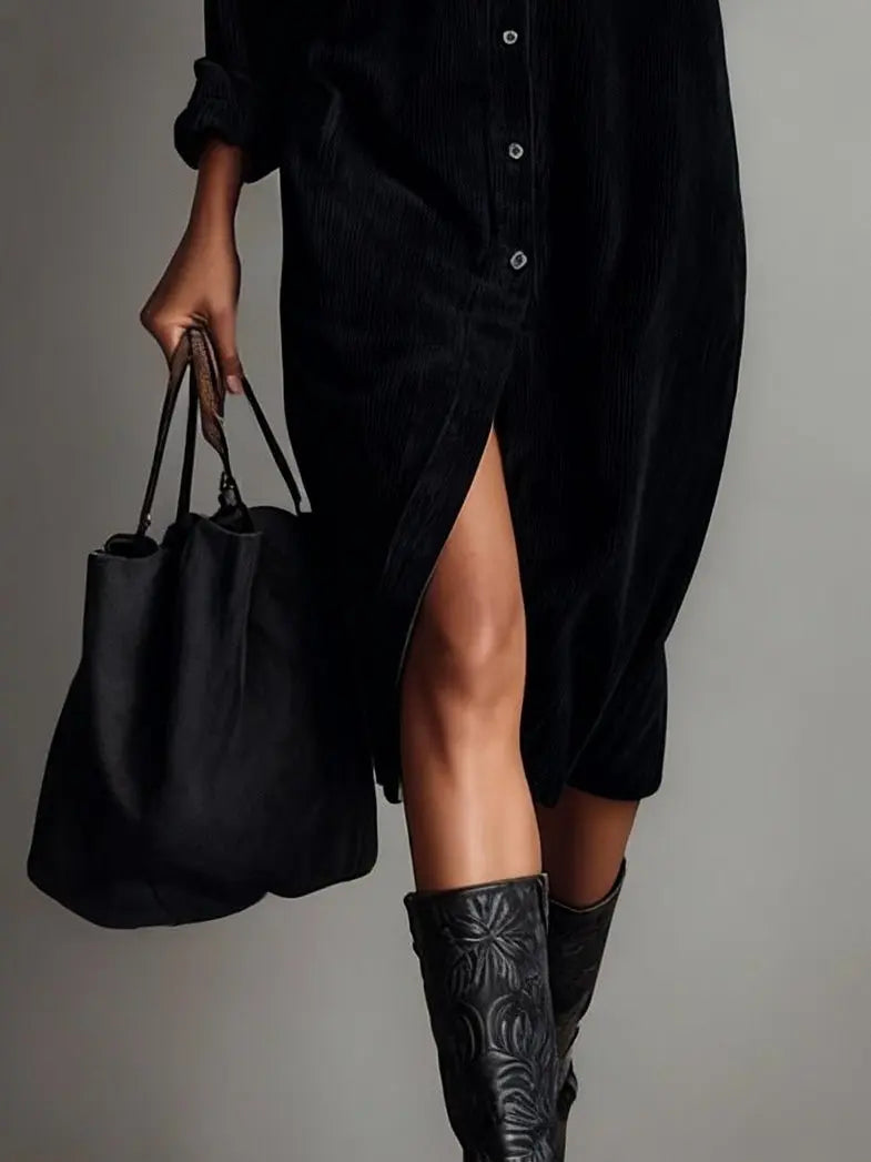 Midi Shirt Dress Corduroy Button Front Long Sleeve
