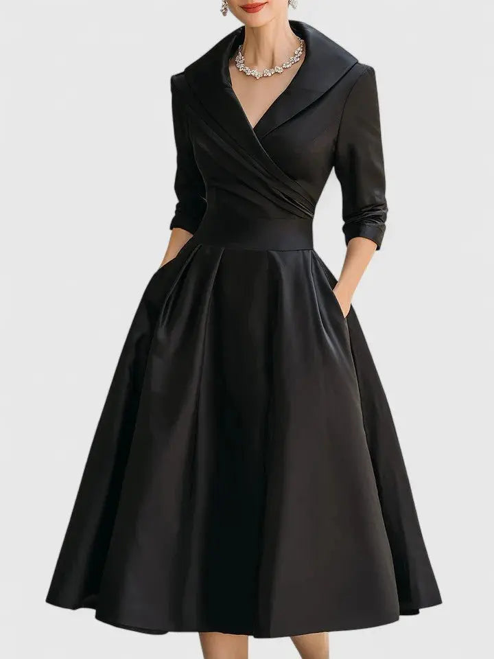 Midi Wrap Dress V-Neck 3/4 Sleeve Collared A-Line - Black