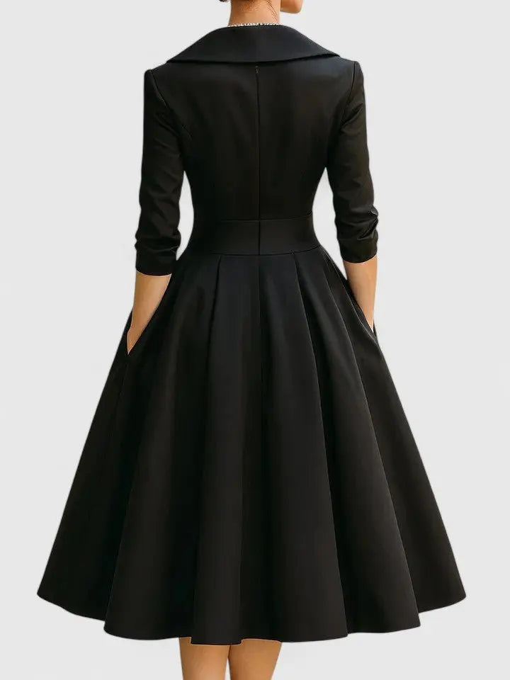 Midi Wrap Dress V-Neck 3/4 Sleeve Collared A-Line