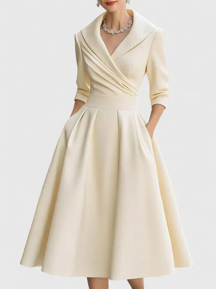 Midi Wrap Dress V-Neck 3/4 Sleeve Collared A-Line - Beige