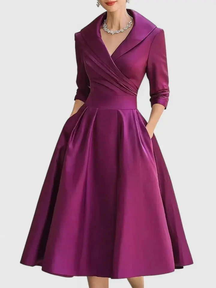 Midi Wrap Dress V-Neck 3/4 Sleeve Collared A-Line - Purple