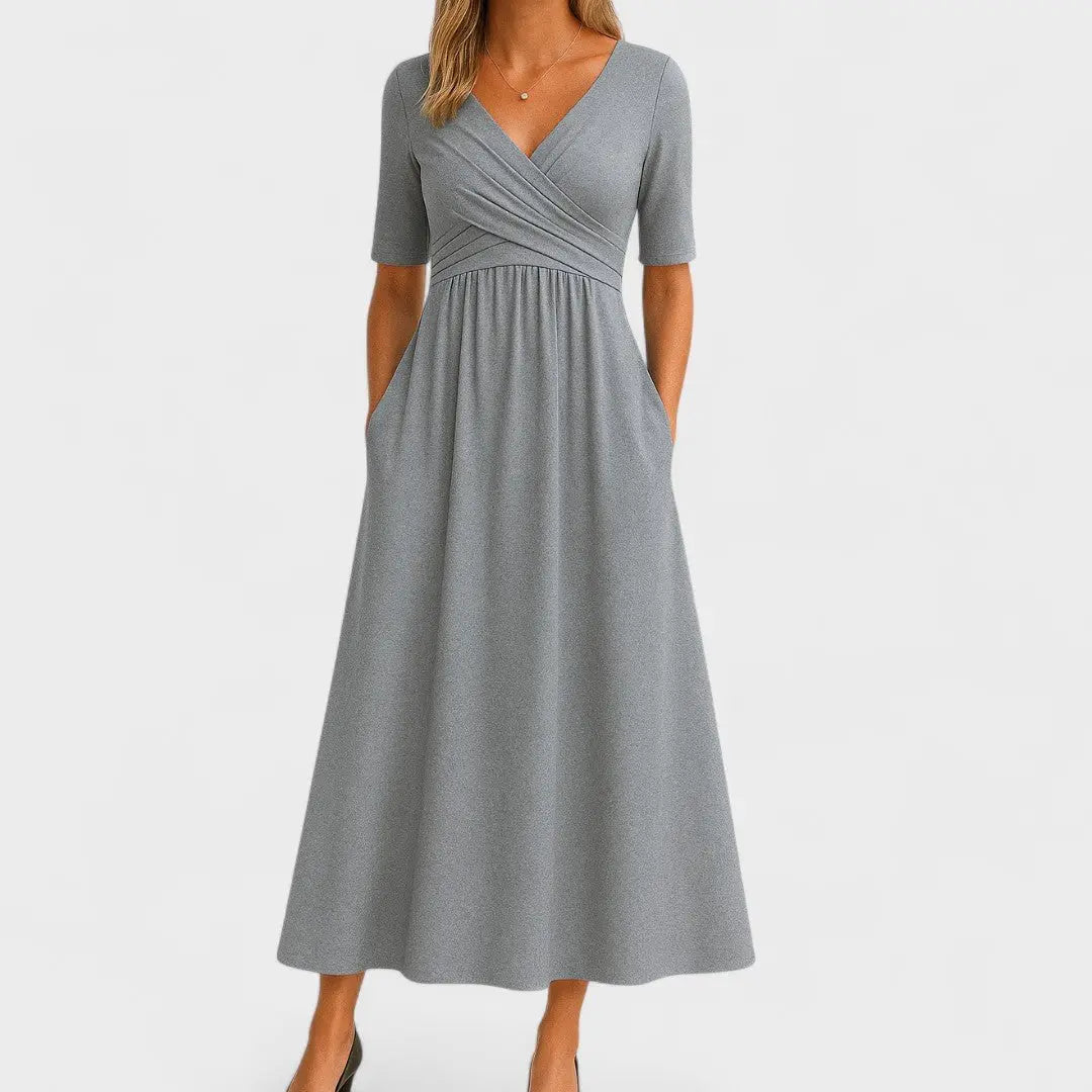 Midi Wrap Dress V-Neck Elbow Sleeves Side Pockets - Gray