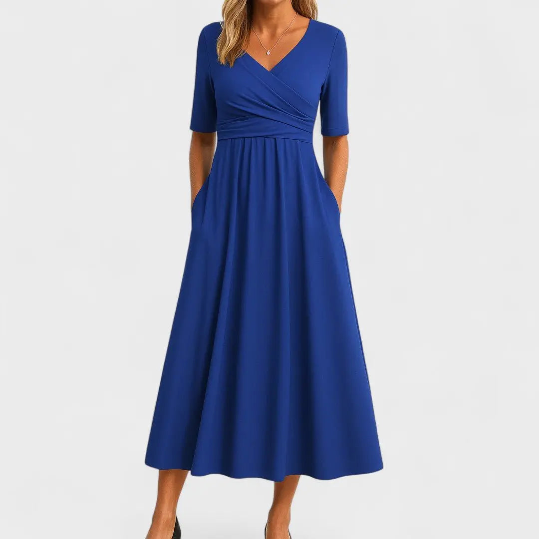Midi Wrap Dress V-Neck Elbow Sleeves Side Pockets - Blue