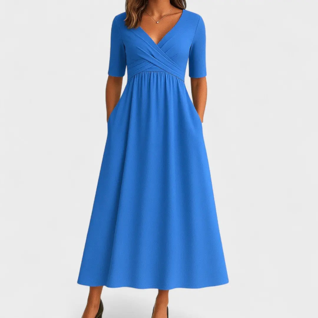 Midi Wrap Dress V-Neck Elbow Sleeves Side Pockets - Light blue